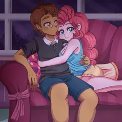 Size: 2000x2000 | Tagged: safe, artist:lucy-tan, derpibooru import, pinkie pie, oc, oc:copper plume, equestria girls, breasts, canon x oc, cleavage, clothes, commission, commissioner:imperfectxiii, copperpie, couch, cuddling, cute, diapinkes, female, image, indoors, male, png, shipping, shirt, shorts, sitting, squishy cheeks, straight, window