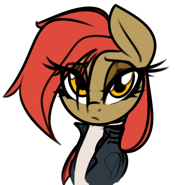 Size: 1259x1335 | Tagged: safe, artist:jetwave, derpibooru import, oc, oc:dala vault, unofficial characters only, earth pony, pony, bust, clothes, earth pony oc, eye clipping through hair, eyeshadow, female, image, jacket, leather jacket, lidded eyes, looking at you, makeup, mare, png, portrait, raised eyebrow, simple background, solo, white background