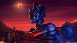 Size: 1600x900 | Tagged: suggestive, artist:shydale, derpibooru import, idw, princess luna, alicorn, pony, reflections, spoiler:comic, alternate hairstyle, butt, clothes, couch, dappled, dark mirror universe, eclipse, equestria-3, evil luna, eyeshadow, female, horn, horn ring, image, jewelry, looking at you, lunar eclipse, lying down, makeup, mare, moon, moonbutt, mountain, ornament, plot, png, red sky, ring, side, socks, solo, solo female, spots, tail wrap, vase