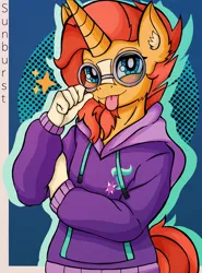 Size: 3024x4096 | Tagged: safe, artist:canvymamamoo, derpibooru import, sunburst, anthro, pony, unicorn, :p, abstract background, blushing, clothes, cutie mark, cutie mark on clothes, ear fluff, hoodie, image, implied starlight glimmer, jpeg, looking at you, male, smiling, solo, stallion, tongue out