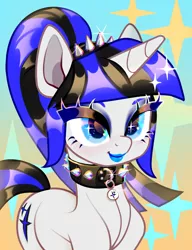 Size: 2800x3650 | Tagged: source needed, safe, artist:rrd-artist, derpibooru import, oc, oc:coldlight bluestar, unofficial characters only, pony, unicorn, bust, collar, cute, cutie mark, eyebrows, eyeliner, eyeshadow, female, horn, image, jewelry, lipstick, makeup, mare, png, ponytail, solo, spikes, tiara