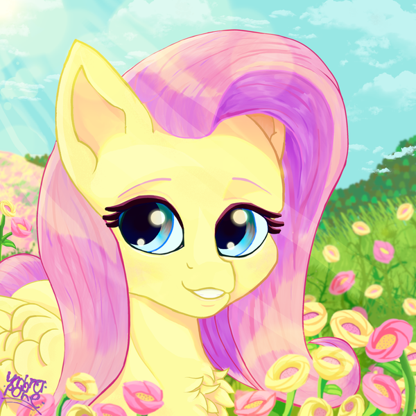 Size: 2000x2000 | Tagged: safe, artist:umbrapone, derpibooru import, fluttershy, pegasus, pony, chest fluff, cute, detailed background, female, flower, folded wings, happy, image, looking at you, mare, outdoors, pink mane, png, semi-clear sky, shyabetes, signature, smiling, smiling at you, solo, standing, sun rays, wings