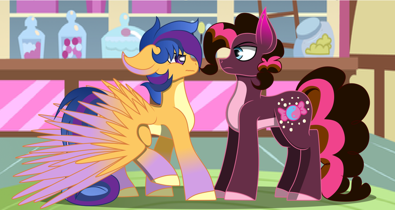 Size: 1272x675 | Tagged: safe, artist:alister-calouro, derpibooru import, oc, oc:starry sword, oc:sugary bullet, earth pony, pegasus, pony, colored wings, colt, duo, gradient hooves, image, large wings, male, offspring, parent:cheese sandwich, parent:flash sentry, parent:pinkie pie, parent:twilight sparkle, parents:cheesepie, parents:flashlight, png, story in the source, sugarcube corner, wings