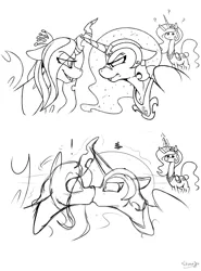 Size: 1200x1625 | Tagged: safe, artist:skoon, derpibooru import, nightmare moon, princess celestia, queen chrysalis, alicorn, changeling, pony, chrysmoon, female, forced kiss, image, implied lesbian, lesbian, magic, now kiss, png, shipper on deck, shipping, sketch, spread wings, unfinished art, wingboner, wings