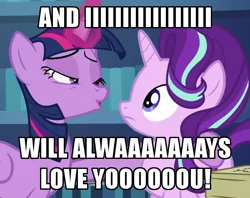Size: 600x476 | Tagged: safe, derpibooru import, edit, edited screencap, screencap, starlight glimmer, twilight sparkle, twilight sparkle (alicorn), alicorn, pony, unicorn, the crystalling, caption, cropped, duo, female, glowing horn, horn, i will always love you, image, image macro, lesbian, mare, png, shipping, singing, song reference, text, twistarlight, whitney houston