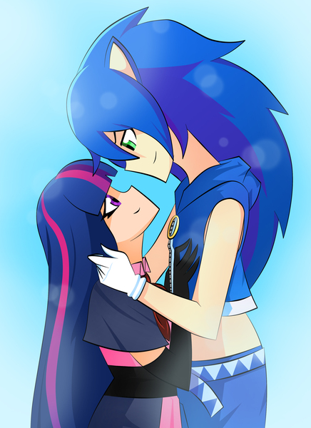 Size: 2370x3264 | Tagged: safe, artist:xan-gelx, derpibooru import, twilight sparkle, human, clothes, commission, crack shipping, crossover, female, high res, humanized, image, jpeg, male, midriff, pants, shipping, smiling, sonic the hedgehog, sonic the hedgehog (series), twisonic