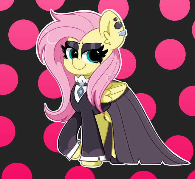 Size: 4096x3755 | Tagged: safe, artist:kittyrosie, derpibooru import, fluttershy, pegasus, pony, abstract background, clothes, cute, digital art, dress, ear piercing, earring, eyeshadow, female, fluttergoth, image, jewelry, jpeg, lidded eyes, makeup, mare, piercing, raised hoof, shyabetes, smiling, solo