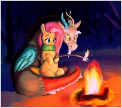 Size: 1520x1340 | Tagged: safe, artist:dummyhorse, derpibooru import, discord, fluttershy, draconequus, pegasus, pony, campfire, clothes, cute, duo, female, fire, folded wings, food, friendship, hoof hold, hooves to the chest, image, jpeg, looking at something, male, mare, marshmallow, outdoors, scarf, sitting, smiling, stick, tree, wings