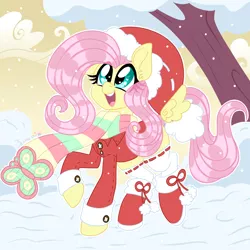 Size: 2030x2030 | Tagged: safe, artist:ladylullabystar, derpibooru import, fluttershy, pegasus, pony, boots, christmas, clothes, costume, cute, female, floating wings, hat, heart eyes, holiday, image, jpeg, mare, open mouth, santa costume, santa hat, scarf, shoes, shyabetes, snow, snowfall, socks, solo, sweater, wingding eyes, wings, winter