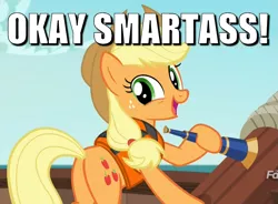 Size: 1429x1053 | Tagged: safe, derpibooru import, edit, edited screencap, screencap, applejack, ppov, applebutt, butt, caption, cropped, hoof hold, image, image macro, lifejacket, plot, png, solo, spyglass, telescope, text, vulgar