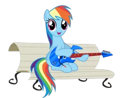 Size: 3601x2794 | Tagged: safe, alternate version, anonymous artist, derpibooru import, rainbow dash, pegasus, pony, .svg available, background removed, bench, derpibooru exclusive, eyelashes, female, foal house, guitar, image, mare, musical instrument, open mouth, outdoors, png, simple background, sitting, smiling, solo, transparent background, tree, vector