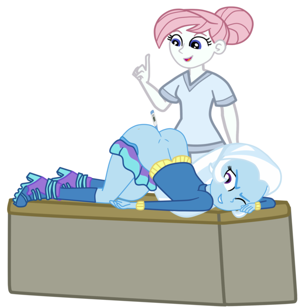 Size: 2952x2952 | Tagged: suggestive, alternate version, artist:gmaplay, derpibooru import, part of a set, nurse redheart, trixie, equestria girls, anal insertion, ass, ass up, butt, clothes, face down ass up, image, insertion, nurse, nurse outfit, png, rectal thermometer, scrubs (gear), simple background, the great and powerful ass, transparent background