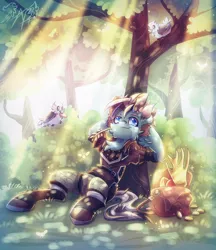 Size: 1280x1481 | Tagged: safe, artist:alexbluebird, derpibooru import, oc, oc:tireless tracker, unofficial characters only, bird, earth pony, adventurer, bush, clothes, coin, forest, gold, idol of boreas, image, jpeg, male, relaxing, satchel, solo, straw in mouth, sunlight, tree