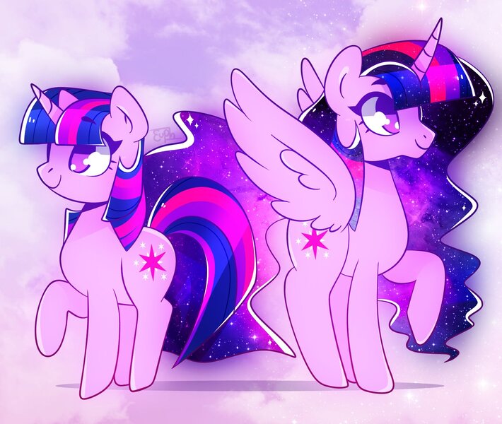 Size: 1500x1268 | Tagged: safe, artist:euphoriapony, derpibooru import, princess twilight 2.0, twilight sparkle, twilight sparkle (alicorn), alicorn, pony, unicorn, the last problem, cute, duality, ethereal mane, female, galaxy mane, happy birthday mlp:fim, image, jpeg, mare, self ponidox, solo, time paradox, twiabetes, unicorn twilight