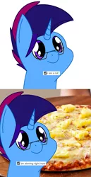 Size: 721x1400 | Tagged: safe, artist:supermark, derpibooru import, oc, oc:marquis majordome, unicorn, 2 panel comic, comic, food, funny, glasses, image, meme, pineapple, pineapple pizza, pizza, png, text