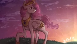 Size: 1518x866 | Tagged: safe, artist:burr-ito, banned from derpibooru, deleted from derpibooru, derpibooru import, princess celestia, alicorn, pony, female, folded wings, image, jewelry, jpeg, mare, pink-mane celestia, raised hoof, regalia, solo, sunrise, wings, younger