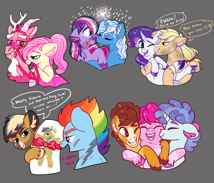 Size: 3500x3000 | Tagged: safe, artist:loryska, derpibooru import, applejack, cheese sandwich, daring do, discord, fluttershy, party favor, pinkie pie, quibble pants, rainbow dash, rarity, trixie, twilight sparkle, pony, bisexual, blushing, body pillow, bouquet, bridal carry, bridle, carrying, cheesefavor, cheesepie, cloven hooves, colored hooves, crying, discoshy, ear fluff, female, floppy ears, flower, gay, gray background, harness, heart eyes, high res, image, kiss on the cheek, kissing, leonine tail, lesbian, male, partycheesepie, partypie, png, polyamory, quibbledash, rain, rarijack, reins, shipping, simple background, straight, tack, twixie, unshorn fetlocks, wet, wet mane, wingding eyes
