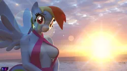 Size: 3840x2160 | Tagged: suggestive, artist:shadowboltsfm, derpibooru import, rainbow dash, anthro, pegasus, plantigrade anthro, 3d, 4k, absolute cleavage, beautiful, big breasts, blender, breasts, busty rainbow dash, cleavage, clothes, cute, dress, eyelashes, image, lens flare, looking at you, ocean, png, sfm pony, smiling, source filmmaker, sunset