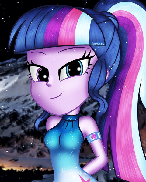Size: 2000x2500 | Tagged: safe, alternate version, artist:aryatheeditor, derpibooru import, sci-twi, twilight sparkle, equestria girls, accessories, bare shoulders, beautiful, bedroom eyes, breasts, bust, clothes, cutie mark, digital art, dress, element of magic, female, geode of telekinesis, glasses, heterochromia, image, jewelry, jpeg, looking at you, looking down, looking down at you, magical geodes, mountain, nerd, night, outfit, pendant, photo, powerful sparkle, sleeveless, sleeveless turtleneck, snow, snowflake, solo, winter
