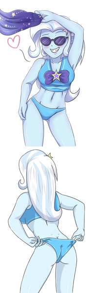 Size: 1364x4417 | Tagged: suggestive, artist:sumin6301, derpibooru import, edit, trixie, equestria girls, equestria girls series, forgotten friendship, adorasexy, armpits, ass, beach shorts swimsuit, belly button, bikini, bikini bottom, breasts, butt, cleavage, clothes, cute, diatrixes, female, heart, image, midriff, offscreen character, png, sarong, sexy, simple background, smiling, solo, solo female, striptease, sunglasses, swimsuit, the great and powerful ass, trixie's beach shorts swimsuit, white background