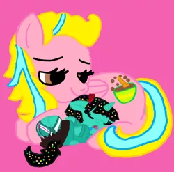 Size: 720x711 | Tagged: safe, artist:daisyrosepup16, derpibooru import, oc, oc:caramella bravo, ponified, pegasus, pony, unicorn, base used, clothes, duo, eyes closed, female, image, lying down, mare, pegasus oc, pink background, png, prone, simple background, sleeping, vanellope von schweetz, wings, wreck-it ralph