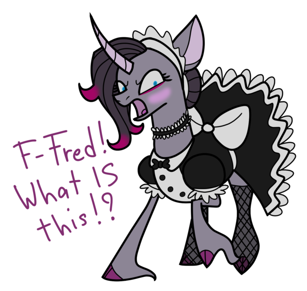 Size: 1448x1377 | Tagged: safe, artist:0xyr0, derpibooru import, oleander (tfh), classical unicorn, unicorn, them's fightin' herds, angry, blushing, clothes, cloven hooves, collar, community related, dress, embarrassed, fishnets, image, leonine tail, maid, oleander is not amused, png, raised hoof, simple background, solo, transparent background, unshorn fetlocks