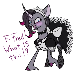 Size: 1448x1377 | Tagged: safe, artist:0xyr0, derpibooru import, oleander (tfh), classical unicorn, unicorn, them's fightin' herds, angry, blushing, clothes, cloven hooves, collar, community related, dress, embarrassed, fishnets, image, leonine tail, maid, oleander is not amused, png, raised hoof, simple background, solo, transparent background, unshorn fetlocks