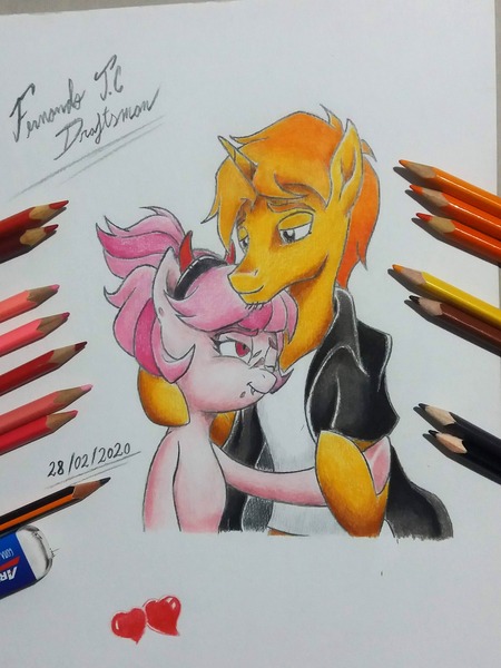 Size: 1536x2048 | Tagged: safe, alternate version, artist:fernandojc-draftsman, derpibooru import, oc, oc:creativity style, unofficial characters only, earth pony, pony, unicorn, bust, clothes, devil horns, earth pony oc, eraser, heart, horn, hug, image, jpeg, lineart, male, oc x oc, one eye closed, pencil, shipping, signature, stallion, traditional art, unicorn oc, wink