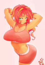 Size: 1400x2000 | Tagged: suggestive, artist:sozglitch, derpibooru import, sunset shimmer, equestria girls, arm behind head, armpits, belly button, big breasts, breasts, busty sunset shimmer, cleavage, clothes, female, image, jpeg, pink background, shorts, simple background, solo, solo female, sports bra, sports shorts, torpedo tits