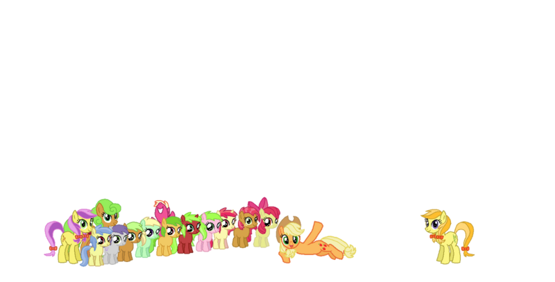Size: 1024x521 | Tagged: safe, artist:starryoak, derpibooru import, apple bloom, apple crumble, apple flora, apple mint, apple squash, apple top, applejack, babs seed, jonagold, lavender fritter, liberty belle, marmalade jalapeno popette, pomegranate (character), red june, sweet tooth, tornado bolt, violet fritter, earth pony, pony, unicorn, apple bloom's bow, apple family member, applejack's hat, background pony, bow, braided pigtails, braided tail, candy caramel tooth, cowboy hat, cutie mark, female, filly, freckles, grin, hair bow, hat, hurricane storm, image, mare, nose in the air, open mouth, png, simple background, smiling, transparent background, twisty doo, wip