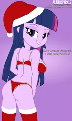 Size: 6125x10281 | Tagged: suggestive, artist:alandssparkle, derpibooru import, twilight sparkle, twilight sparkle (alicorn), alicorn, equestria girls, absurd resolution, ass, beautiful, beautisexy, bra, breasts, busty twilight sparkle, butt, christmas, clothes, dialogue, female, gradient background, hat, holiday, image, looking at you, looking back, looking back at you, looking over shoulder, panties, png, red underwear, santa hat, sexy, sideboob, signature, simple background, socks, solo, solo female, stockings, stupid sexy twilight, thigh highs, twibutt, underwear