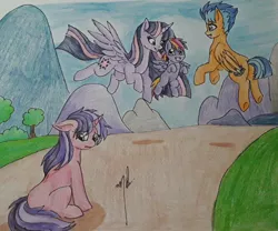 Size: 720x600 | Tagged: safe, artist:misathefenec0422, derpibooru import, flash sentry, twilight sparkle, twilight sparkle (alicorn), oc, oc:aura sphere, oc:boeing, alicorn, pegasus, pony, unicorn, colt, family, female, filly, flashlight, flying, flying lesson, image, jpeg, male, mare, offspring, parent:flash sentry, parent:twilight sparkle, parents:flashlight, shipping, stallion, straight, traditional art