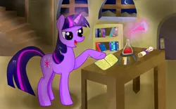 Size: 3500x2176 | Tagged: safe, artist:almaustral, derpibooru import, twilight sparkle, pony, unicorn, book, colt, erlenmeyer flask, female, flask, glowing horn, horn, image, indoors, magic, male, mare, open mouth, png, raised hoof, smiling, solo, telekinesis, unicorn twilight