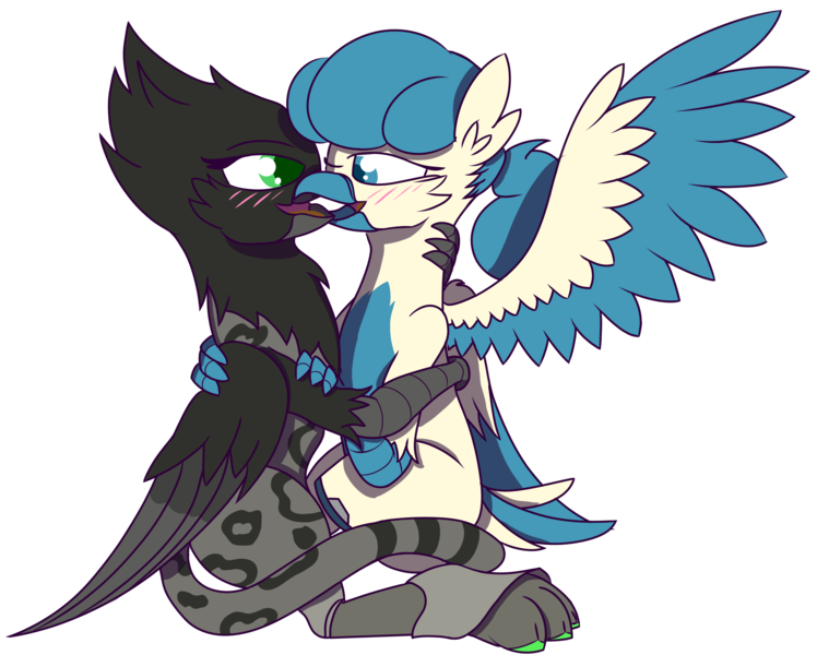 Size: 3681x2953 | Tagged: suggestive, artist:plone, derpibooru import, oc, oc:aiah, oc:will, unofficial characters only, cyborg, gryphon, cuddling, gay, griffon oc, image, kissing, male, png, prosthetics, simple background