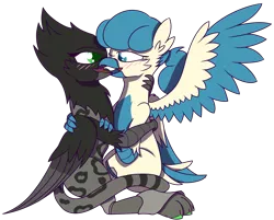 Size: 3681x2953 | Tagged: suggestive, artist:plone, derpibooru import, oc, oc:aiah, oc:will, unofficial characters only, cyborg, gryphon, cuddling, gay, griffon oc, image, kissing, male, png, prosthetics, simple background