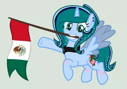 Size: 1410x988 | Tagged: safe, artist:lominicinfinity, derpibooru import, oc, oc:infinity mi rosalinda, alicorn, pony, female, flag, image, mare, mexico, mouth hold, png, simple background, solo