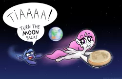 Size: 1033x664 | Tagged: safe, artist:banebuster, derpibooru import, princess celestia, princess luna, pony, series:tiny tia, angry, art trade, cake, cewestia, cheesecake, cute, earth, eating, female, filly, flying, food, image, jpeg, moon, pink-mane celestia, running, s1 luna, space, speech bubble, woona, younger