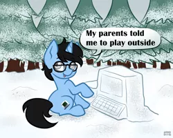 Size: 1280x1024 | Tagged: safe, artist:sabrib, derpibooru import, oc, oc:tinker doo, unofficial characters only, pony, unicorn, colt, computer, cute, dialogue, forest, glasses, image, looking at you, male, misunderstanding, png, silly, silly pony, sitting, snow, solo, speech bubble, talking to viewer, tree