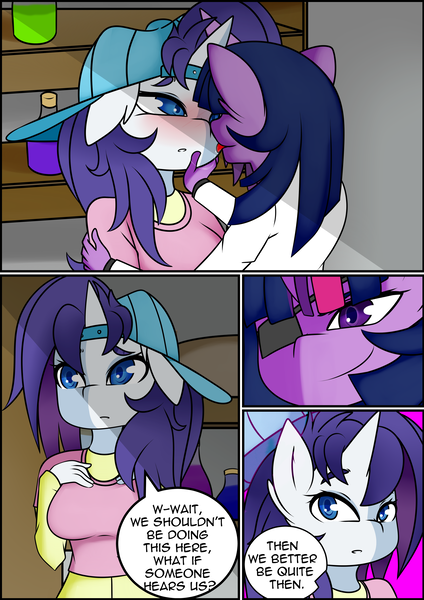 Size: 2971x4200 | Tagged: suggestive, artist:caoscore, derpibooru import, rarity, twilight sparkle, anthro, comic:friendship university, friendship university, alternate hairstyle, blushing, breasts, cap, comic, disguise, drool, drool string, engrish, eyepatch, eyepatch (disguise), female, hat, image, lesbian, looking at each other, misspelling, plainity, png, text, thick eyebrows