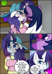 Size: 2971x4200 | Tagged: suggestive, artist:caoscore, derpibooru import, rarity, twilight sparkle, anthro, comic:friendship university, friendship university, alternate hairstyle, blushing, breasts, cap, comic, disguise, drool, drool string, engrish, eyepatch, eyepatch (disguise), female, hat, image, lesbian, looking at each other, misspelling, plainity, png, text, thick eyebrows