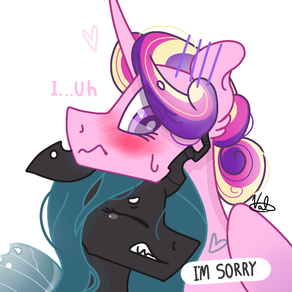 Size: 768x768 | Tagged: safe, artist:valkiria, derpibooru import, princess cadance, queen chrysalis, alicorn, changeling, changeling queen, pony, a better ending for chrysalis, apologetic, apology, blushing, cadalis, crying, cute, cutealis, derpibooru exclusive, female, heart, horn, image, infidelity, lesbian, mare, png, shipping, simple background, speech bubble, talking, trepidation, wings