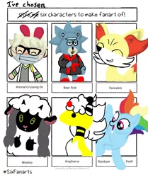 Size: 1004x1200 | Tagged: safe, artist:pokefan192, derpibooru import, rainbow dash, anthro, bear, fennekin, human, pegasus, pony, wooloo, six fanarts, animal crossing, anthro with ponies, bust, clothes, crossover, eyes closed, face mask, female, glasses, image, jpeg, male, mare, mask, mega ampharos, older, older rainbow dash, open mouth, pokémon, rick and morty, rick sanchez, robes, sandals, smiling, villager