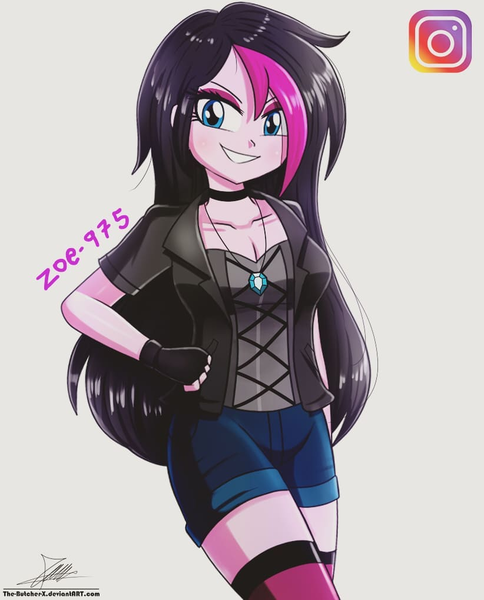 Size: 822x1020 | Tagged: safe, artist:the-butch-x, derpibooru import, oc, oc:zoe star pink, unofficial characters only, equestria girls, clothes, collar, confident, denim shorts, female, fingerless gloves, gift art, gloves, goth, hand on hip, image, instagram, jewelry, long hair, looking at you, necklace, png, shorts, smiling, smiling at you, solo