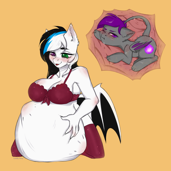 Size: 3148x3148 | Tagged: questionable, artist:lovely pony, derpibooru import, oc, oc:nightlight horizon, oc:zoey, anthro, bat pony, dracony, dragon, hybrid, pony, anthro with ponies, belly, big belly, blushing, bra, breasts, clothes, commission, dragon tail, endosoma, fetish, heterochromia, image, internal, non-fatal vore, one eye closed, png, safe vore, simple background, socks, soft vore, underwear, vore, willing vore, x-ray, ych result