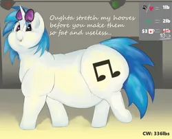 Size: 2500x2017 | Tagged: safe, artist:lupin quill, derpibooru import, vinyl scratch, pony, unicorn, series:vinyl scratch weight gain drive, :p, belly, belly button, big belly, bingo wings, butt, chest fluff, chubby cheeks, dialogue, double chin, fat, fat fetish, female, fetish, image, incentive drive, large butt, looking at you, lying down, mare, obese, plot, png, rolls of fat, solo, speakers, studio lights, sunglasses, talking to viewer, tongue out, vinyl fat, waddle, walking, weight gain sequence