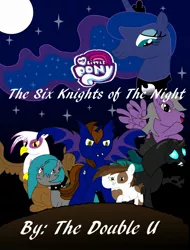 Size: 1840x2425 | Tagged: safe, artist:the double u, derpibooru import, gilda, pipsqueak, princess luna, thorax, oc, oc:journey shadows, oc:moon flight, oc:orchid, alicorn, bat pony, bat pony alicorn, changeling, crystal pony, earth pony, gryphon, pegasus, pony, fanfic, fanfic:the six knights of the night, bat wings, fanfic art, fanfic cover, horn, image, jpeg, prince thorax, unibat, wings