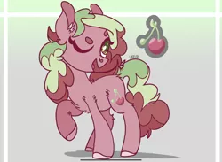 Size: 2275x1668 | Tagged: safe, artist:caramelbolt24, derpibooru import, oc, oc:cherry pop, unofficial characters only, earth pony, pony, cherry, chest fluff, colored hooves, earth pony oc, female, food, image, jpeg, magical lesbian spawn, mare, offspring, one eye closed, parent:applejack, parent:pinkie pie, parents:applepie, raised hoof, signature, solo, wink