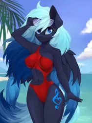 Size: 3000x4000 | Tagged: suggestive, artist:u_lu_lu, derpibooru import, oc, unofficial characters only, anthro, pegasus, pony, beach, belly button, breasts, clothes, erect nipples, female, glasses, image, looking at you, mare, nipple outline, one-piece swimsuit, png, smiling, solo, swimsuit, vacuum sealed clothing, wings