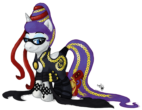 Size: 600x464 | Tagged: safe, artist:razzek, artist:theartrix, derpibooru import, rarity, unicorn, bayonetta, bayonetta (character), bodysuit, clothes, crossover, image, png