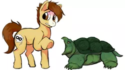 Size: 844x475 | Tagged: safe, artist:plaguetyranno, artist:silent-e, derpibooru import, oc, oc:bug-zapper, earth pony, pony, turtle, image, male, png, snapping turtle, stallion, story in the source